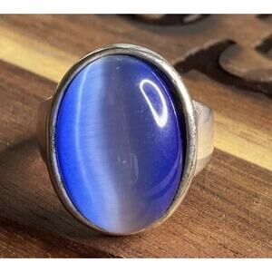 Vintage Large Blue Cabochon Cats Eye Statement Ring 925 Sterling Silver Size 8